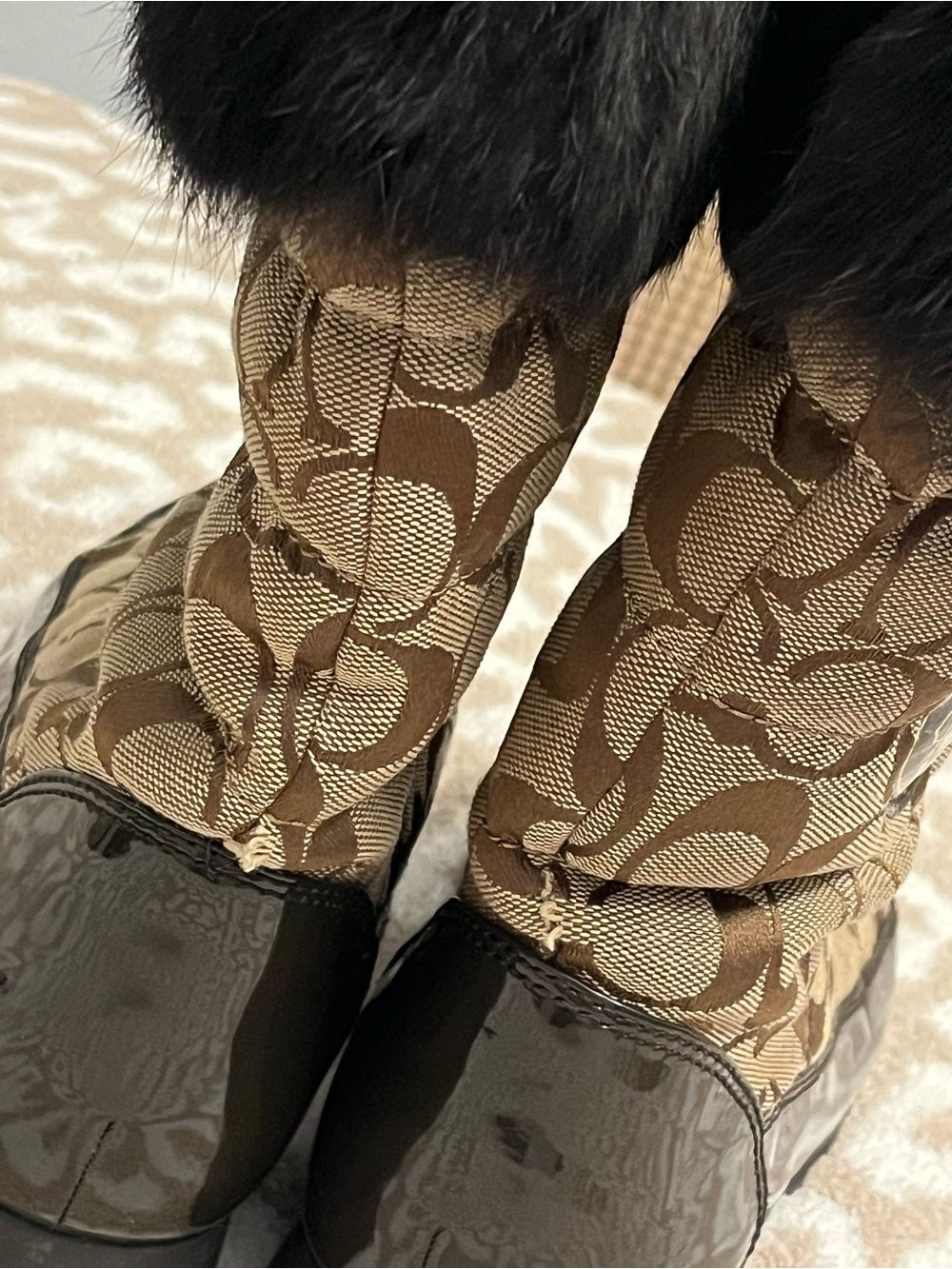 Coach Brown Signature Jacquard Fur-Trim Winter Boots - Picture 5 of 8